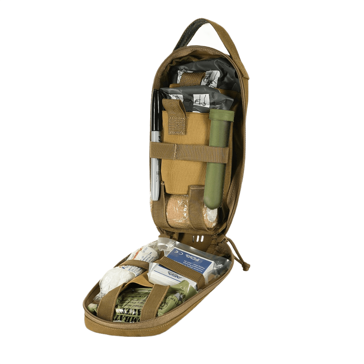 M-Tac Medical Pouch Rip Off åben, viser førstehjælpsudstyr, monteret på MOLLE Velcro-panel, let at rive af og nem adgang til medicinsk udstyr.