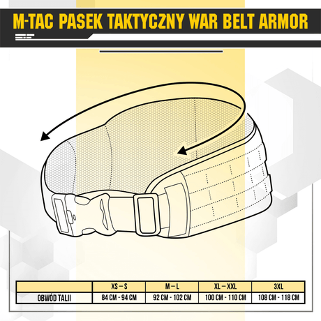 Diagram af M-Tac War Belt ARMOR med størrelsesguide og MOLLE-webbing.