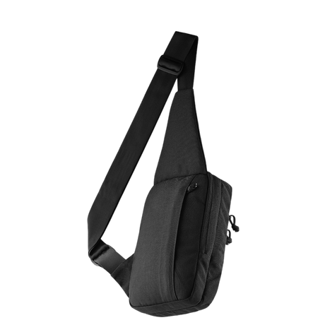 M-Tac Carry Sling Taske Elite Gen.IV, musta nylon, Velcro, säädettävä remmi ja sisäinen universaali Velcro-kotelo, galleria, positio 1