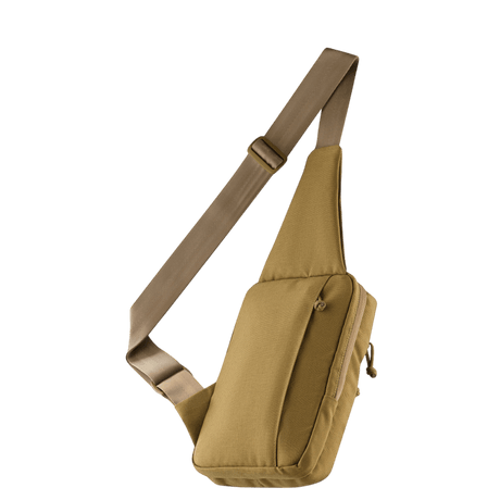 M-Tac Carry Sling Taske Elite Gen.IV, khaki nylon, Velcro, säädettävä olkahihna, piilotettuun pistoolinkantoon, galleria, positio 1