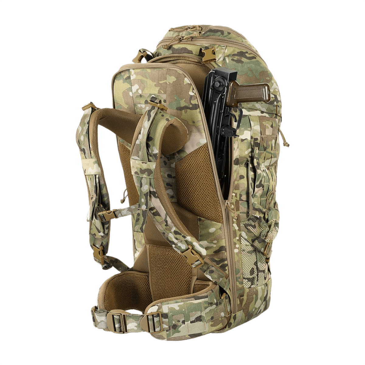 M-Tac Rygsæk Large Gen.III Elite i camouflage med ergonomisk design og plads til taktisk udstyr, fremstillet af slidstærkt Cordura 500D.