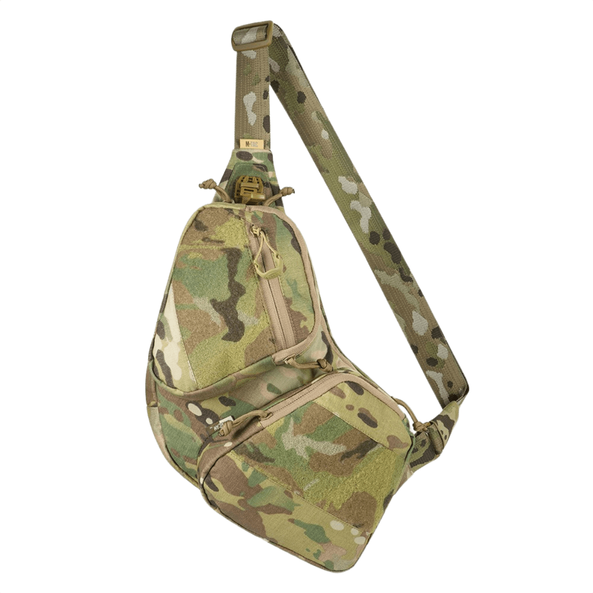 M-Tac Bat Wing Bag Elite i camouflage design, lavet af holdbart Cordura 500 MS med YKK lynlåse, velourfor og sikkerhedsmekanisme.