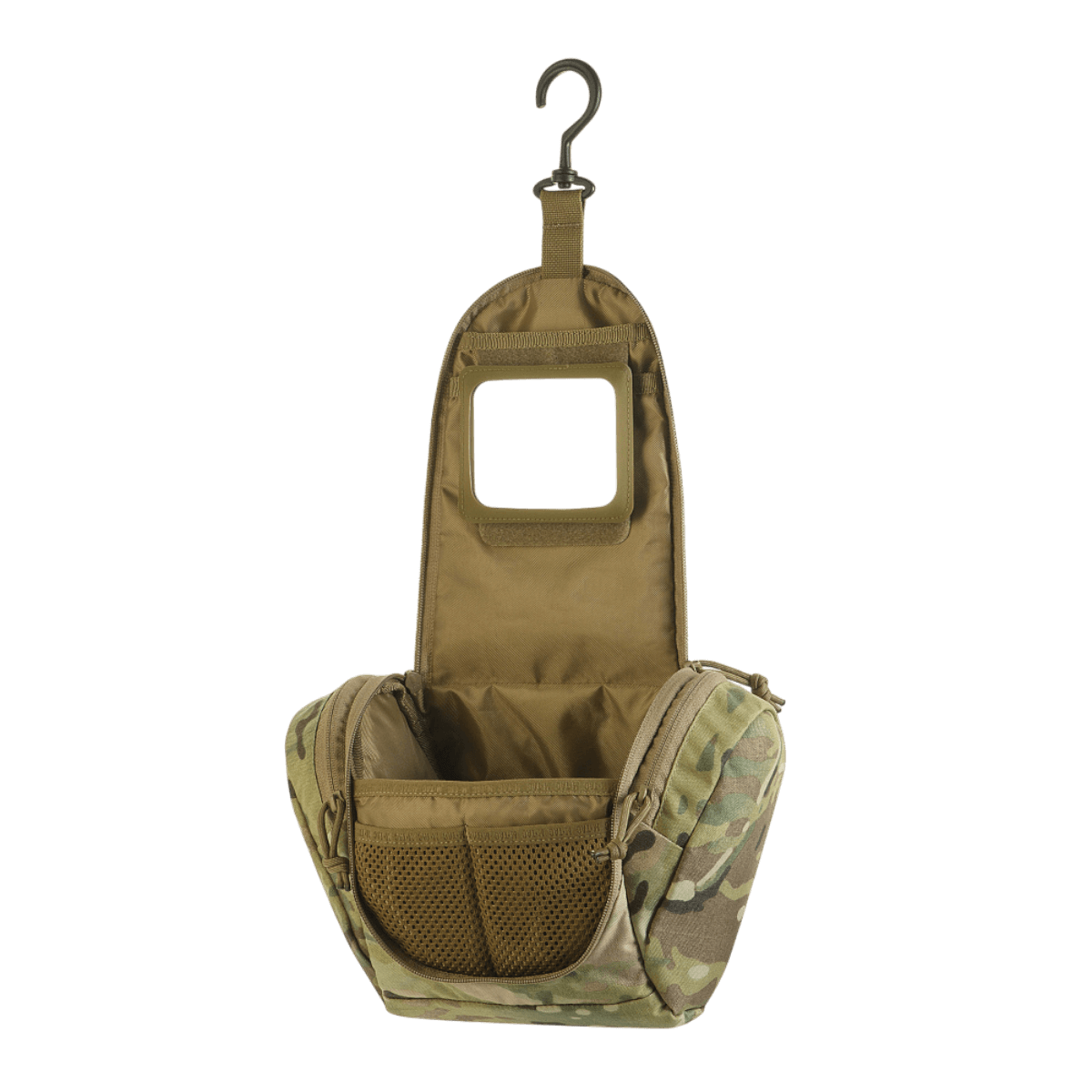 M-Tac Toilettaske Elite Gen.II i camouflage design, åben med kroge til ophæng, viser rummelige lommer til opbevaring af toiletartikler