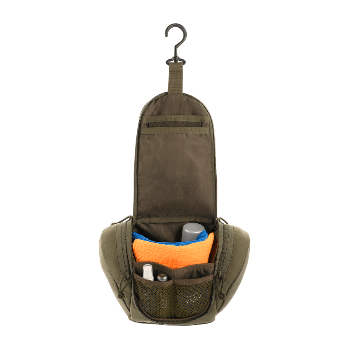 M-Tac Toilettaske Elite Gen.II med åbne lommer indeholdende toiletartikler, set forfra med krog til ophængning.