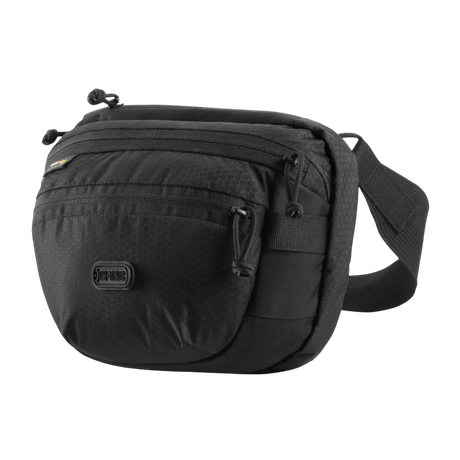 M-Tac Sphaera Hex Hardsling Bag – kompakti musta olkalaukku modulaarisella järjestelmällä ja piilotetulla lokerolla, valmistettu Cordura/Hex-polyesteristä.