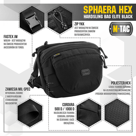 M-Tac Sphaera Hex Hardsling Bag mustana, modulaarinen järjestelmä ja piilotettu aseenkotelo, Cordura/Hex-polyester, vetoketjut ja fastex-soljet.