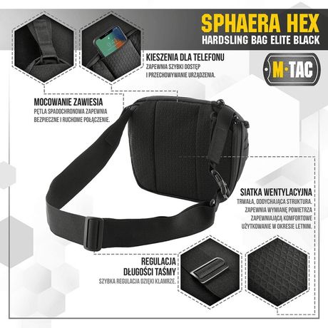 Musta M-Tac Sphaera Hex Hardsling Bag puhelintaskulla, ilmastoitu verkkoselkä ja modulaariset kiinnikkeet, sopii mukavaan kantamiseen.