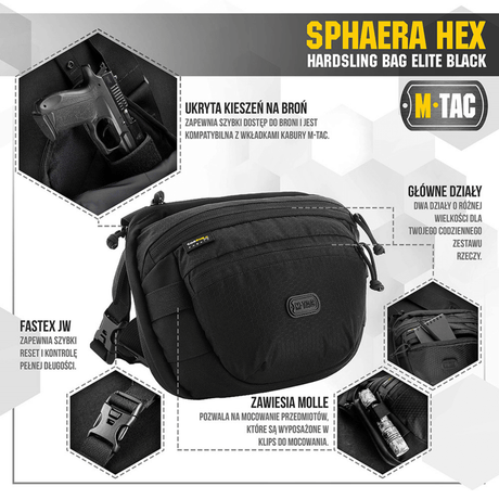 M-Tac Sphaera Hex Hardsling Bag mustana, piilotettu aseenkotelo ja moduulijärjestelmä, valmistettu kestävästä Cordura/Hex-polyesteristä.