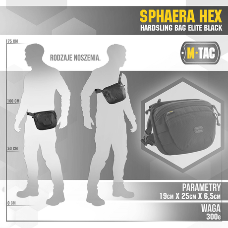 M-Tac Sphaera Hex Hardsling Bag, kompakti olka- tai vyölaukku modulaarisella järjestelmällä ja piilotetulla aseenkotelolla, musta.
