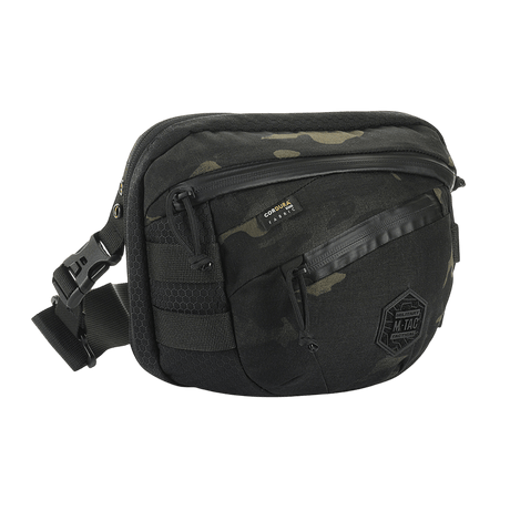 M-Tac Sphaera Hex Hardsling Taske Gen.II Elite mustana, säädettävällä olkahihnalla ja vetoketjullisella tilalla, valmistettu Cordura/Hex-polyesteristä.