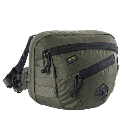 M-Tac Sphaera Hex Hardsling Gen.II Elite kompakti Cordura-laukku säädettävällä hihnalla ja vetoketjutaskuilla päivittäiseen käyttöön.