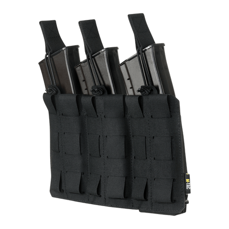 M-Tac Elastinen Triple Magazine Pouch Elite mustana kolmelle AK/AR-lippaalle, valmistettu Cordura 500D:stä, MOLLE Laser Cut. Kompakti muotoilu.