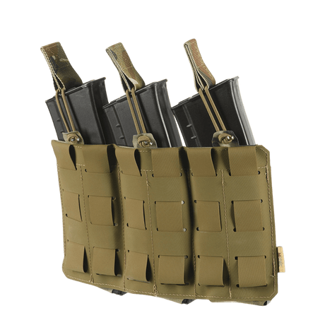M-Tac Elastinen Triple Magazine Pouch Elite säilyttää 3 AK/AR-lippaata, valmistettu Cordura 500D:stä MOLLE-kiinnityksellä kenttäkäyttöön.