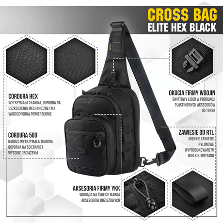 M‑Tac Cross Bag Elite Hex mustana, Cordura 500 -materiaali, sopii päivittäiskäyttöön ja taktiseen varustukseen, MIL-SPEC-sovitukset ja YKK-vetoketjut