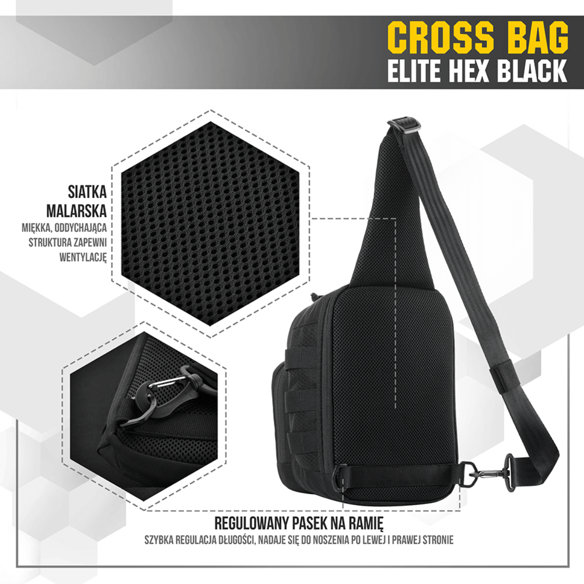 M-Tac Cross Bag Elite Hex, sort sling pack til én skulder, lavet af Cordura 500, perfekt til daglig brug og taktisk udstyr.