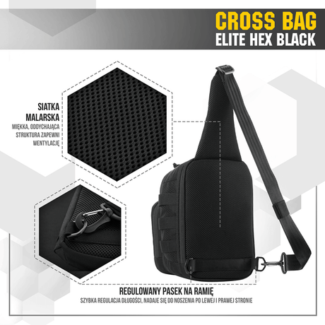 M‑Tac Cross Bag Elite Hex musta sling-laukku yhden olkapään kantoon, Cordura 500, sopii päivittäiskäyttöön ja taktiseen varustukseen