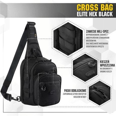 M‑Tac Cross Bag Elite Hex käytännöllinen musta sling-laukku MIL-SPEC-hihnoilla ja YKK-vetoketjuilla, ihanteellinen päivittäiskäyttöön ja varusteille