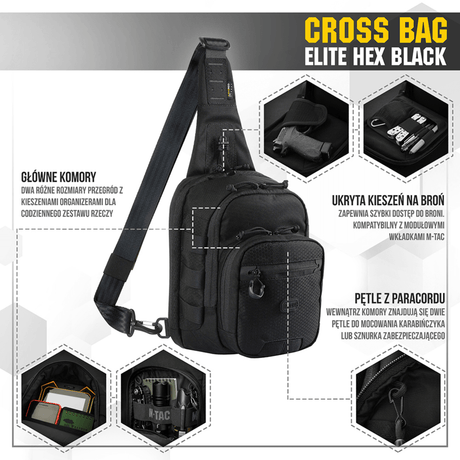 M‑Tac Cross Bag Elite Hex mustana, taktinen laukku säädettävillä hihnoilla ja useilla säilytystiloilla päivittäiskäyttöön ja varusteille