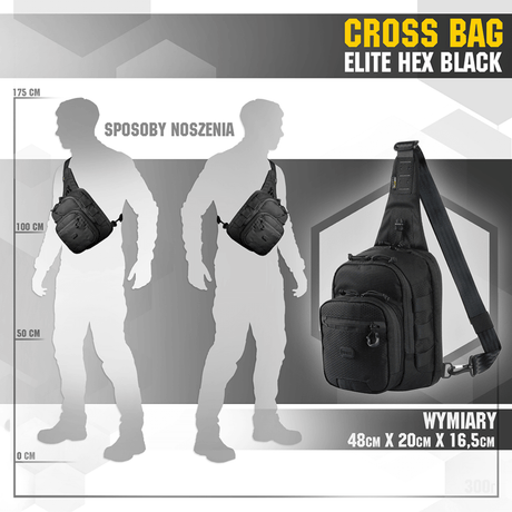 M‑Tac Cross Bag Elite Hex musta, mitat 48x20x16,5 cm. Täydellinen sling-laukuksi taktisen muotoilun kanssa