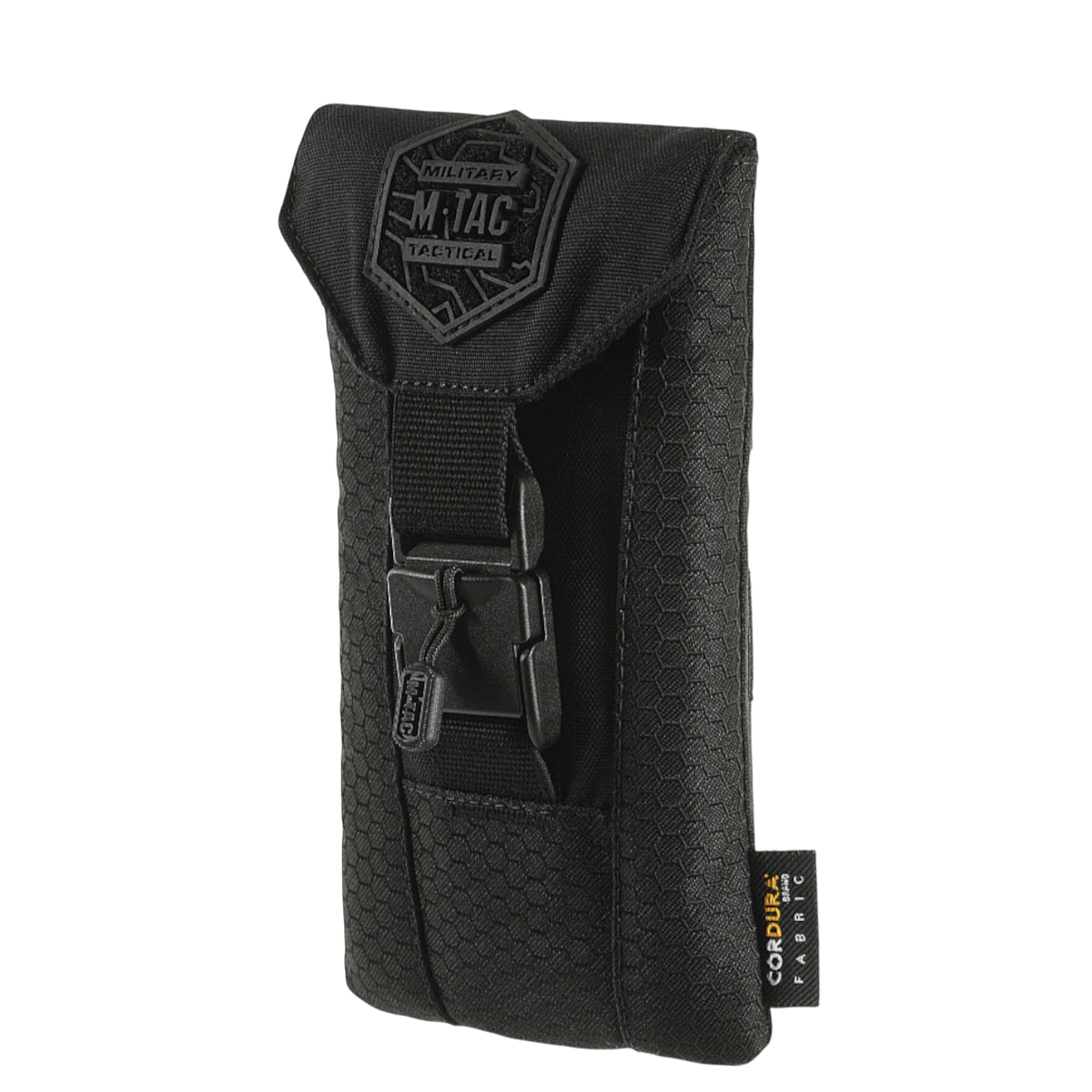 M-Tac Smartphone Lomme Elite Large Hex i sort, lavet af slidstærkt CORDURA HEX materiale med WJ magnetisk spænde, til sikker opbevaring af smartphones.