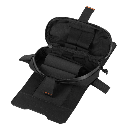 M-Tac Horizontal Medical Pouch Elite, musta, avoin järjestäjä ja vesitiivis vetoketju, sopii IFAK- ja kenttävarusteille.