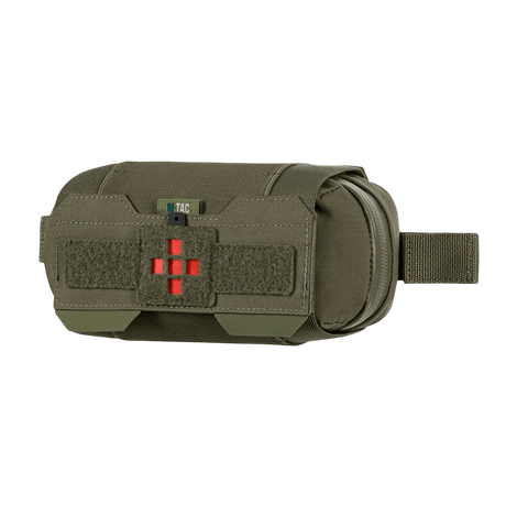 M‑Tac Horizontal Medical Pouch Elite oliivinvihreänä Cordura 500D -materiaalista YKK AquaGuard -vetoketjulla, sivulta nähtynä.