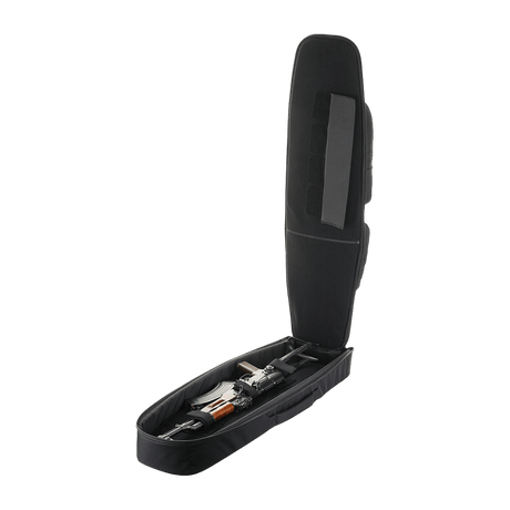 M‑Tac Gun Backpack Case 105 cm Elite Hex vetoketjuilla ja tarranauhalla, avattu laukku näyttää sisätilan ammunta‑varusteille.