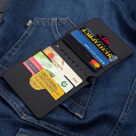 M-Tac Slim Elite, moderni polymeerikomposiitti, näyttää kortit ja käteisen, sinisellä denimillä. Tyylikäs ja kestävä lompakko.