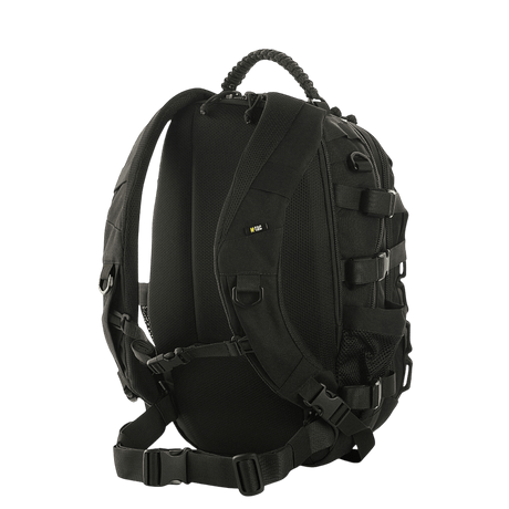 M-Tac Mission Pack Elite reppu, musta Cordura 1000D, ergonominen muotoilu ja MOLLE-järjestelmä (takaa kuvattuna).