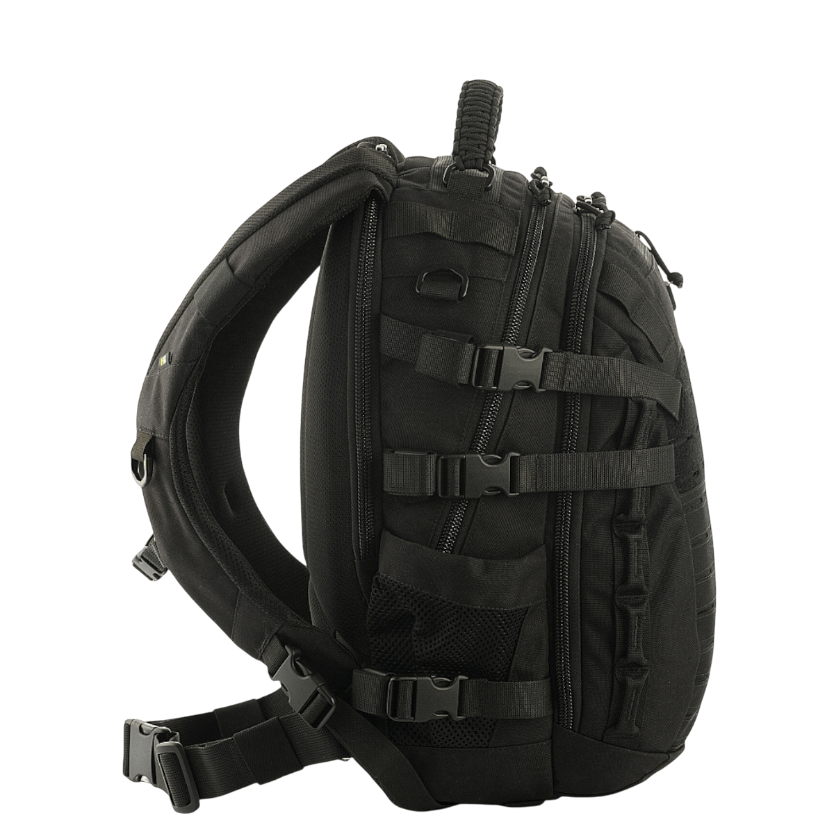 Sort M-Tac Mission Pack Elite rygsæk med ergonomisk design, lavet af slidstærkt Cordura 1000D med MOLLE LASER CUT-system.