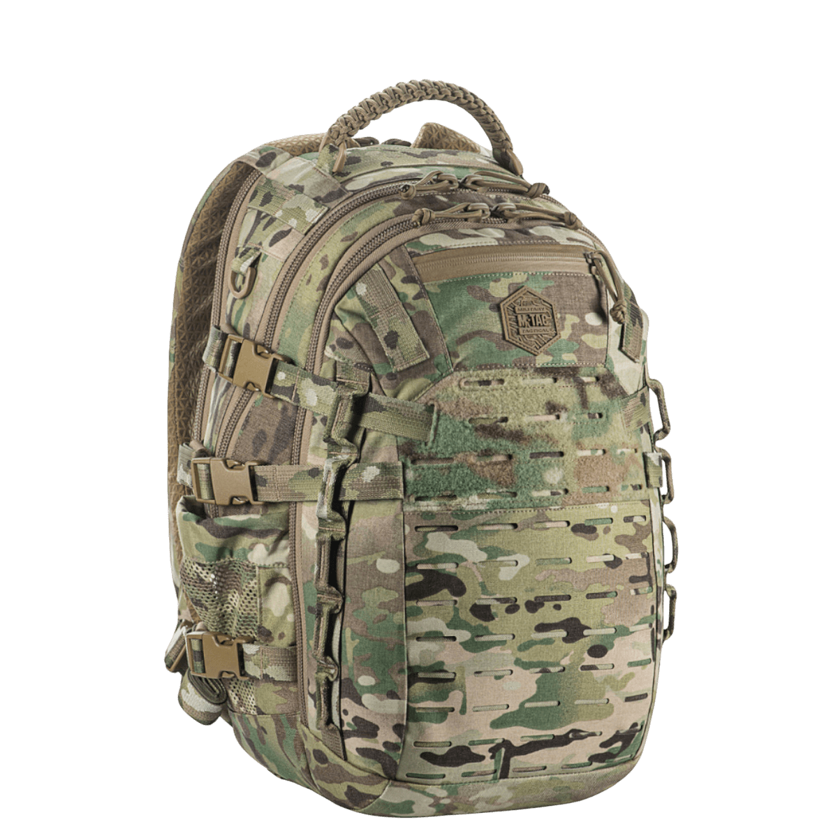 M-Tac Mission Pack Elite med ergonomisk design i slidstærkt Cordura 1000D og MOLLE LASER CUT system, camouflagefarve.