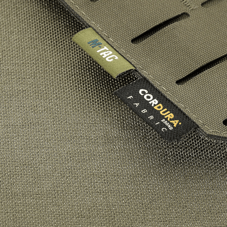 M-Tac etupaneeli Plate Carrier Cuirass QRS XL:lle, kestävä Cordura 500D, NIJ-sertifioitu, lähikuva merkinnöistä ja kankaan rakenteesta, kuva 1