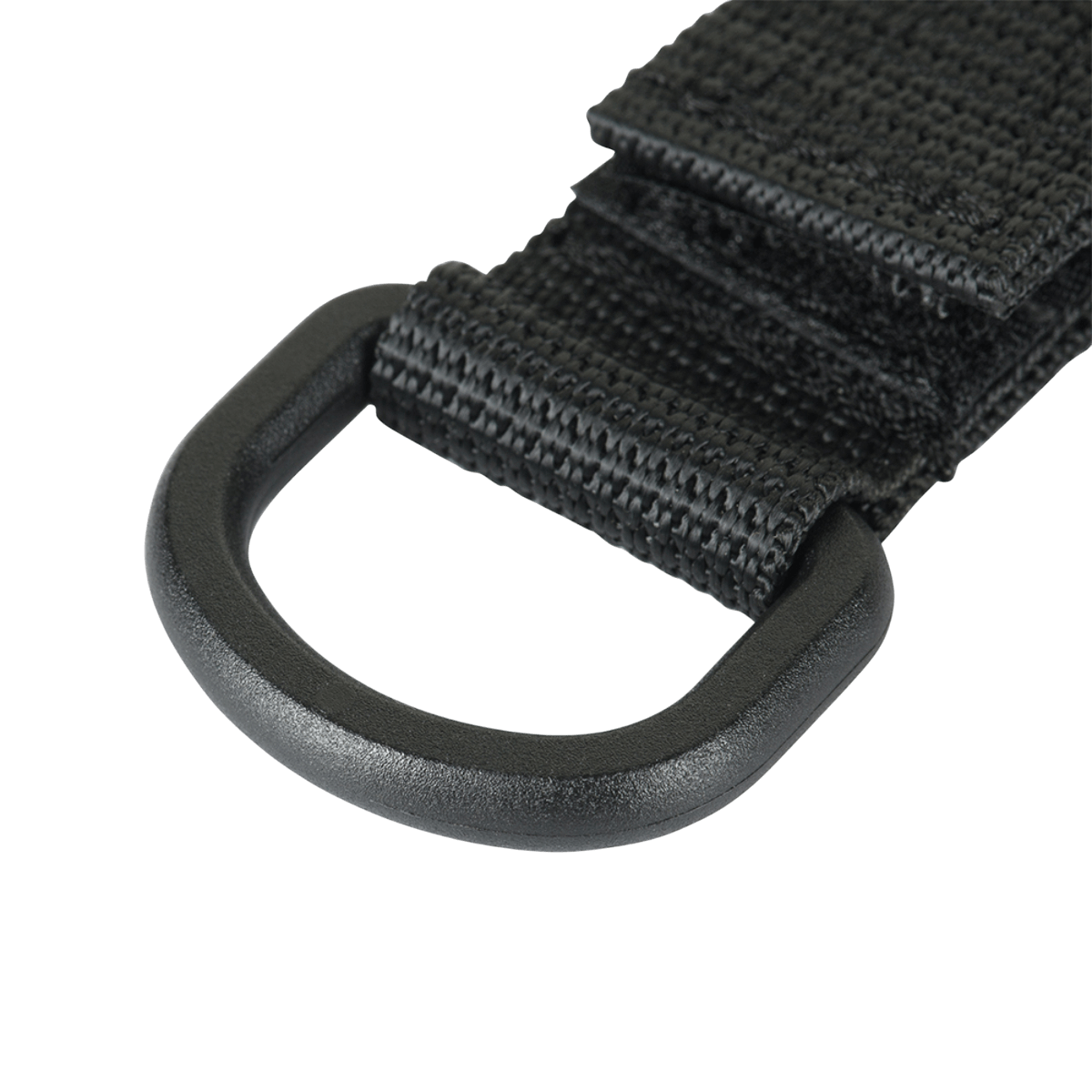 Nærbillede af M-Tac Fastgørelse med D-ring til MOLLE-system, sort farve, med Velcro-lukning, kompakt og let til taktisk brug.