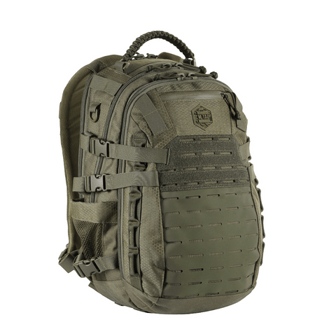 M-Tac Mission Rygsæk Elite Hex oliivinvihreänä Cordura-materiaalista, LASER CUT -järjestelmällä laajennusta varten, ergonomisesti suunniteltu kestävyyteen ja toiminnallisuuteen.
