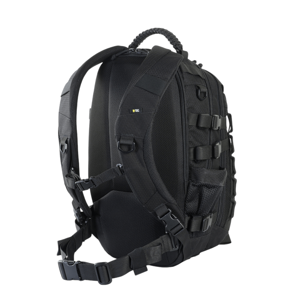 M-Tac Mission Rygsæk Elite Hex i sort med ergonomisk design og MOLLE LASER CUT-system, fremstillet af holdbare Cordura materialer.
