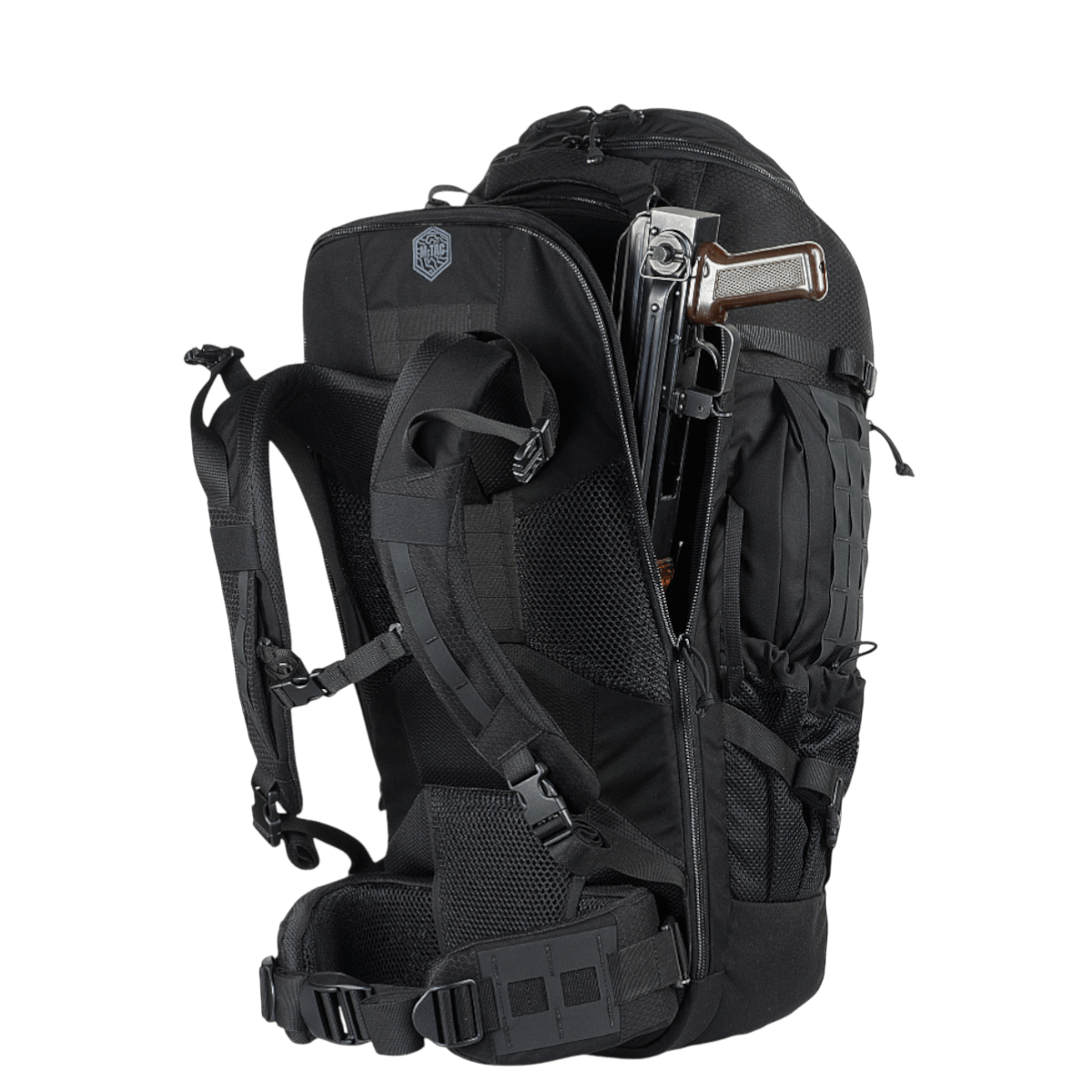 M-Tac Rygsæk Large Elite Hex Gen. IV i sort viser våbenbærefunktion og robust Cordura-materiale. Perfekt til udendørs eventyr.