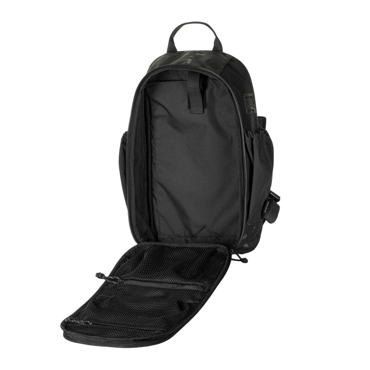 M-Tac STURM Elite Rygsæk åben, viser rummeligt interiør med MOLLE Laser Cut-system og kvalitetsmaterialer, 15 liter kapacitet.