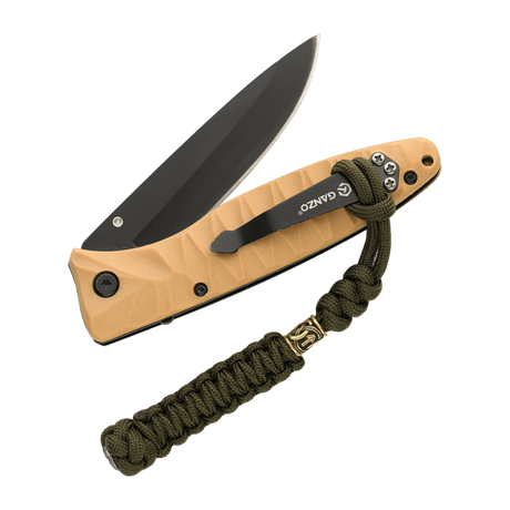 M-Tac Knife Lanyard Loopy Snake Scandinavian punotussa paracord-mallissa, kiinnitetty taskuveitseen, jossa ruskea kahva ja musta terä