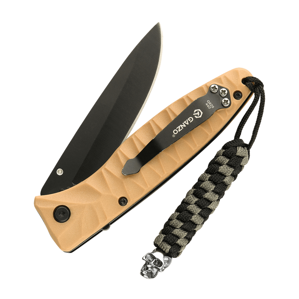 M-Tac Knife Lanyard Helix Skull med flettet paracord og kranium, tilføjer stil til lommeknive, fungerer som fleksibel forlængelse.