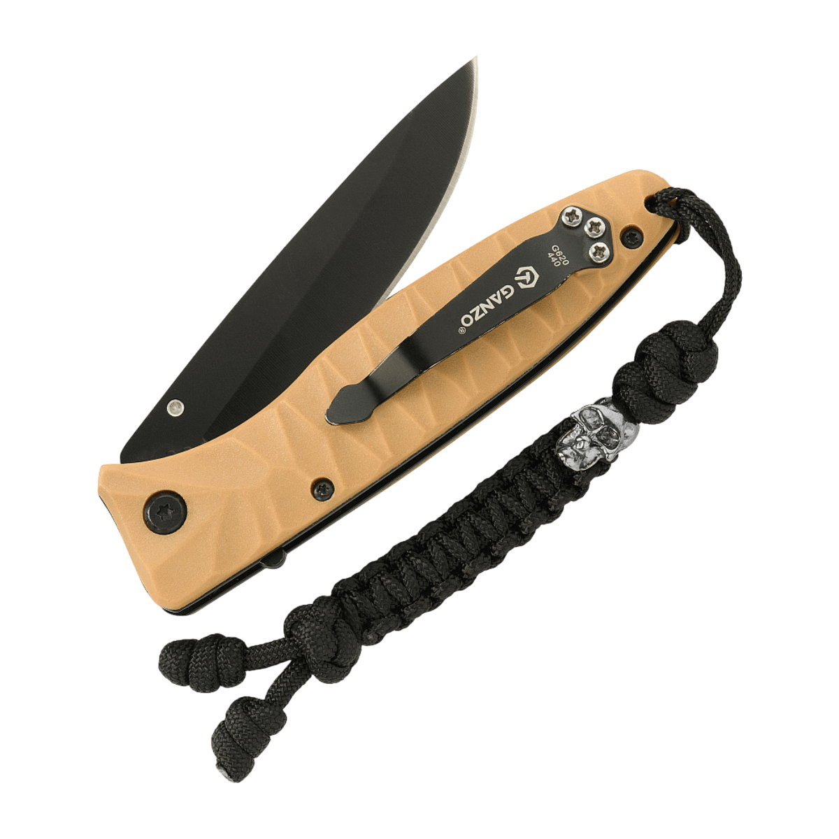 M-Tac Loopy Snake Skull Lanyard på en kniv, lavet af flettet paracord, til dekorativ og praktisk brug med udstyr.