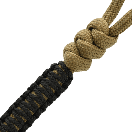 M-Tac Ninja Ver.2 Lanyard mustana ja tan-värisenä punotulla paracordilla, täydellinen veitsille ja muulle varustukselle.