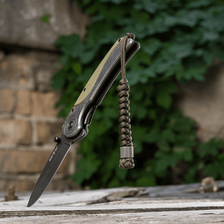M-Tac Viper Lanyard Stainless Steel ruostumattomalla helmellä ja paracordilla veitsen vieressä ulkoilmataustalla.