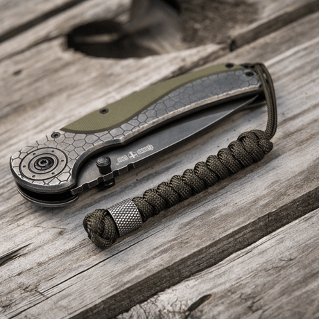 M-Tac Viper Lanyard Stainless Steel punotulla paracordilla veitsen vieressä puupöydällä.