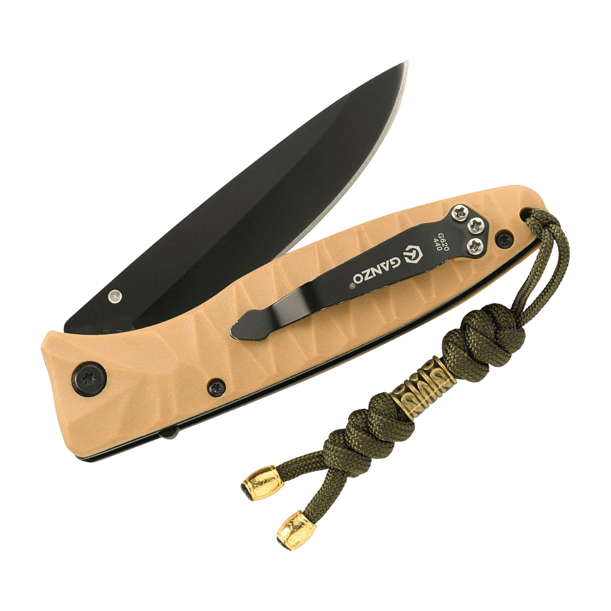 M-Tac Zeus Lanyard i flettet paracord på en foldekniv, stilfuldt og praktisk tilbehør, der fremhæver værktøjet og giver hurtig adgang.