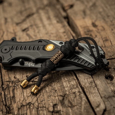 M-Tac Zeus Lanyard paracord taittoveitsen vieressä puupöydällä.