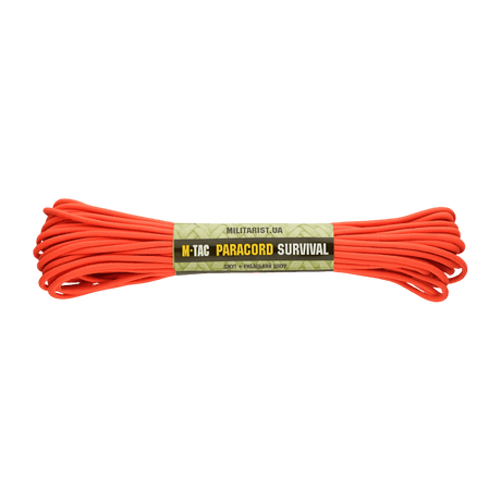 M-Tac Paracord Survival 15m oranssina, vahva ja kevyt nyloni-paracord 7 ydinsäikeellä, suunniteltu selviytymiseen ja ulkokäyttöön.