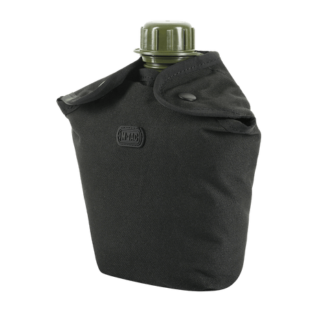 M-Tac Flaskeholder MOLLE kulutusta kestävästä polyesterista PVC-pinnoitteella, tyhjennysreiällä ja MOLLE-järjestelmällä retkeilyyn. Musta väri, juomapullon kanssa.