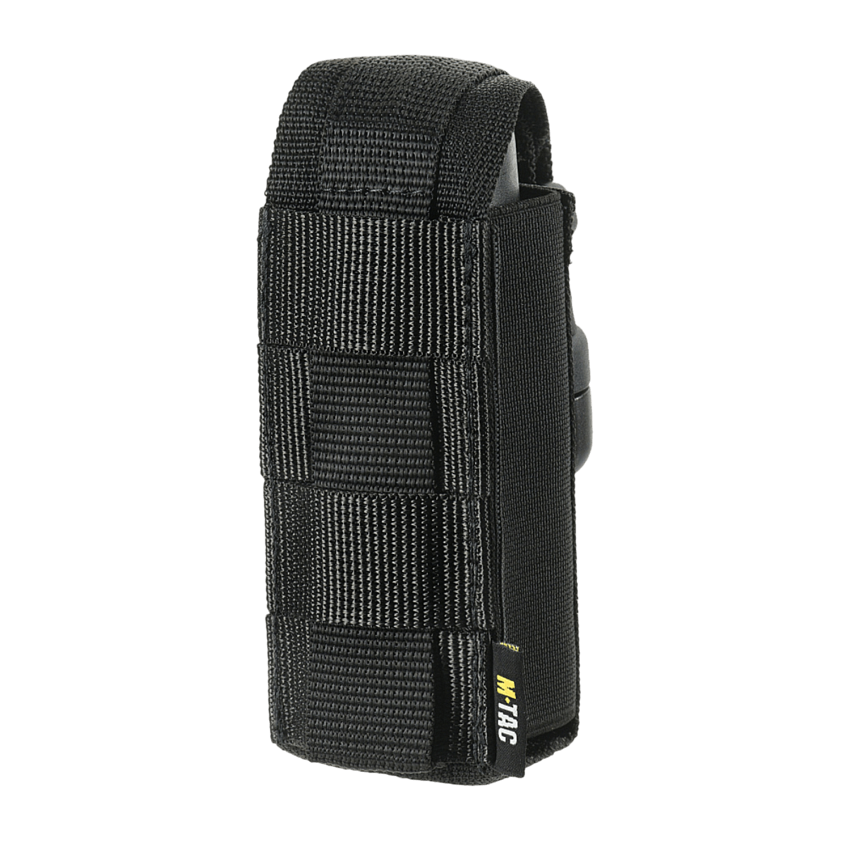 M-Tac Gasdåseholder Vertikal fremstillet af MIL-SPEC strop med Woojin-lås, vist i sort farve. Praktisk til molle-systemmontering.