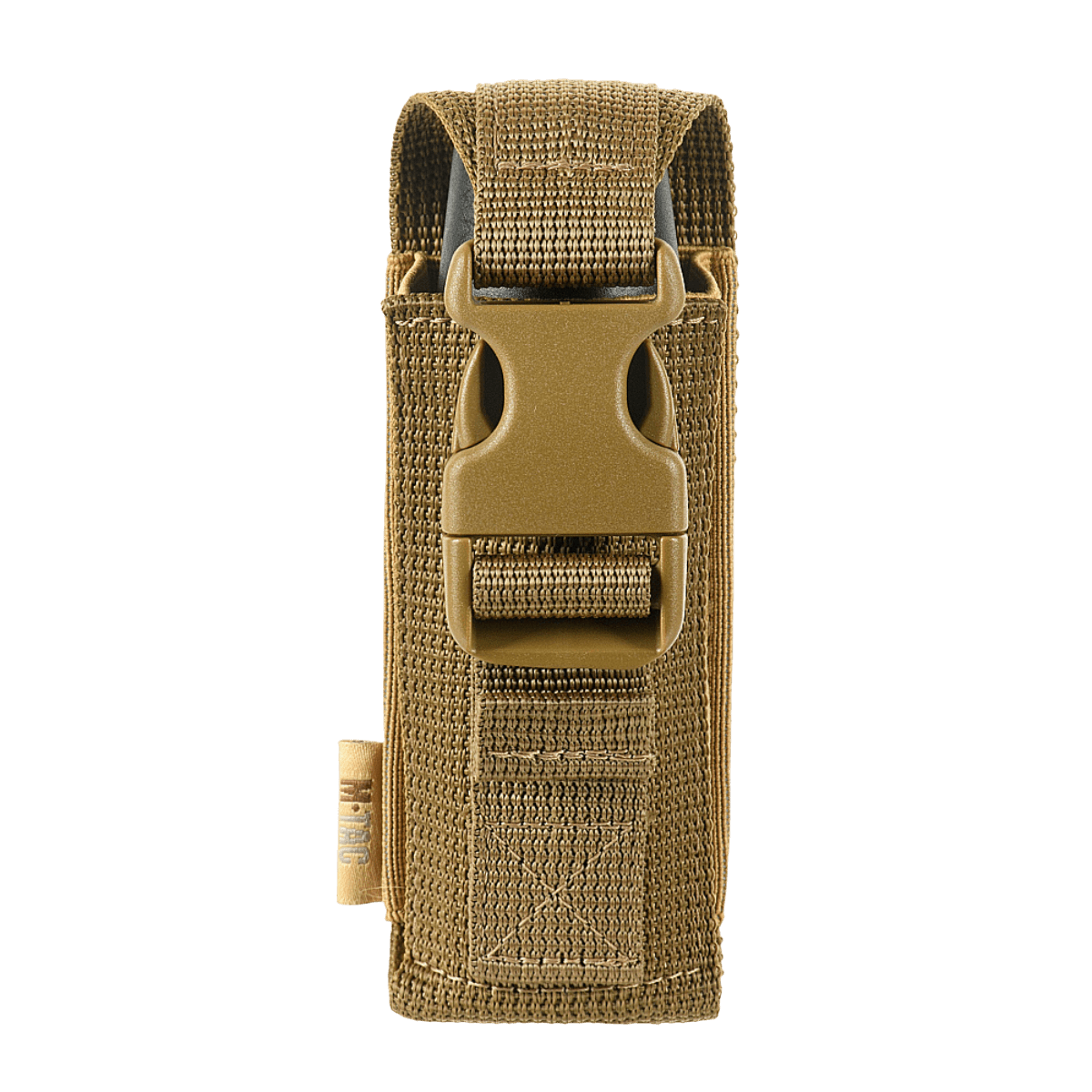 M-Tac Gasdåseholder Vertikal i tan med Woojin-lås og MOLLE-system, lavet af holdbar MIL-SPEC strop for sikker og nem håndtering af gasdåse.