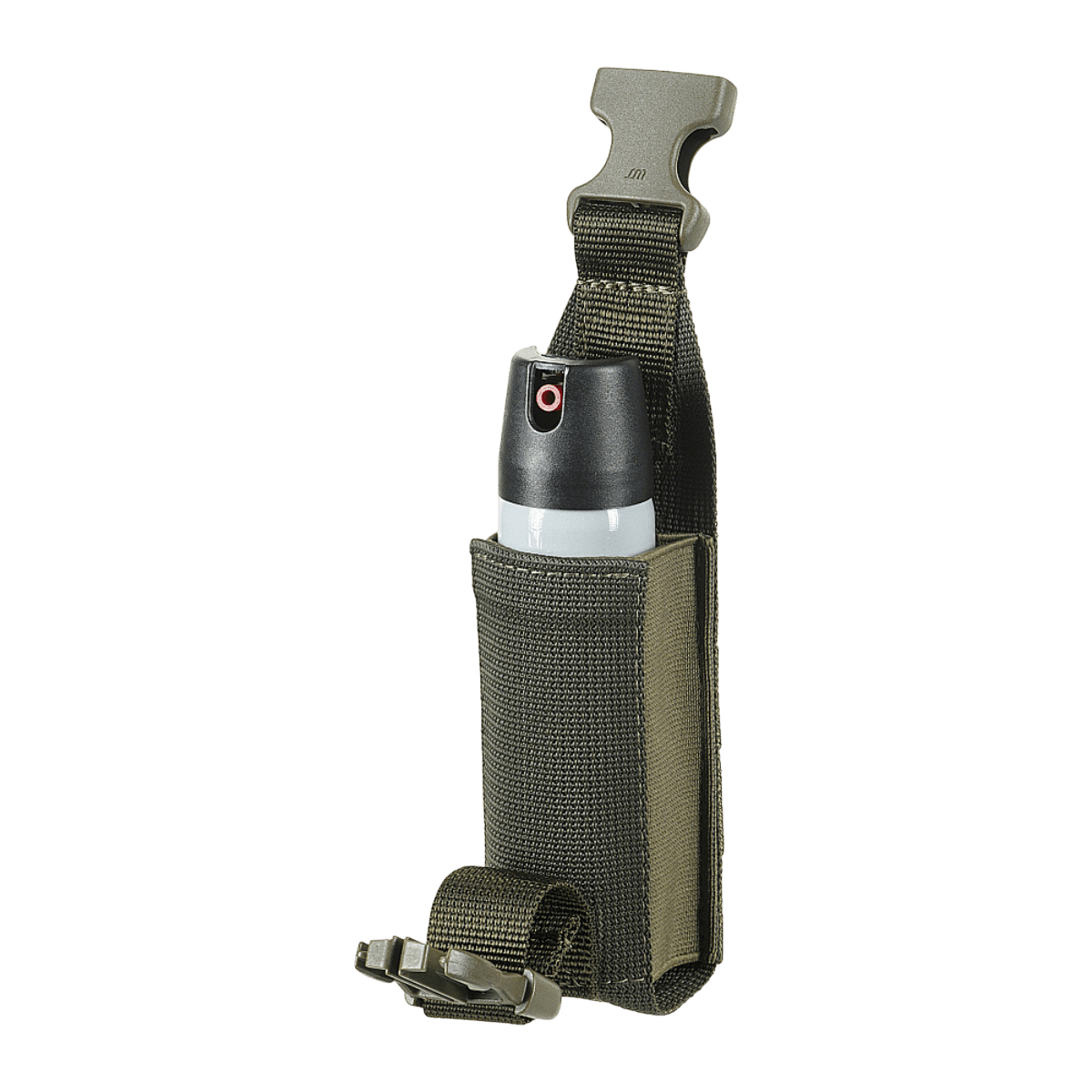 M-Tac Gasdåseholder Vertikal med MIL-SPEC strop og Woojin-lås til MOLLE-system montering, 100 mm gummibånd, grøn farve.